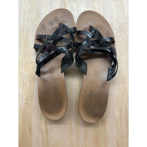 Vintage Paul Green Strappy Sandals Flats 8.5 Patent Black Leather - Picture 1 of 5